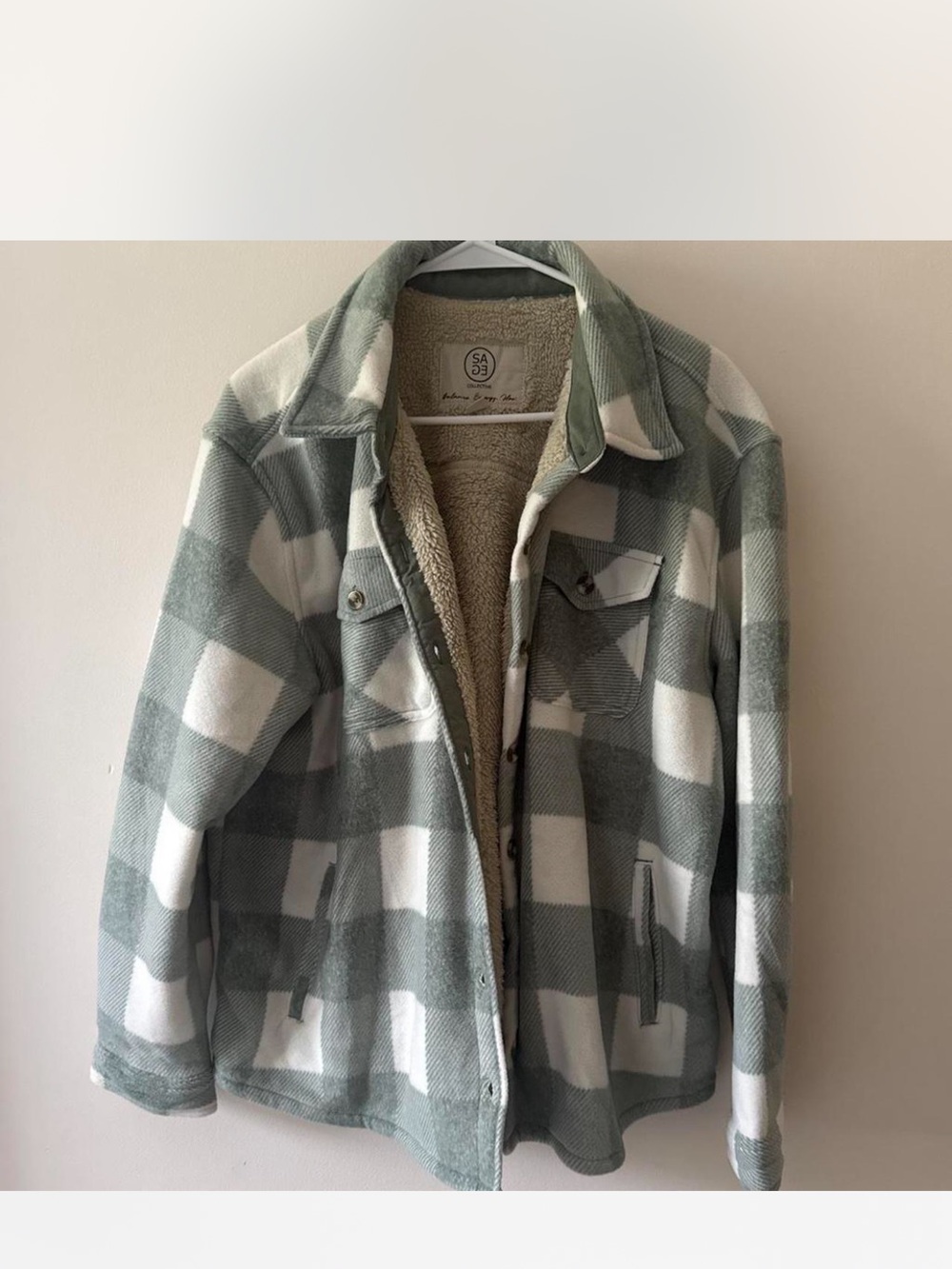 Cascade Collective Sage and White Plaid Sherpa-Lined Shacket